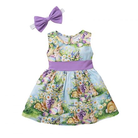 Baby Girl Sleeveless Easter Bunny Cartoon Print Dress with matching headband - Image 5
