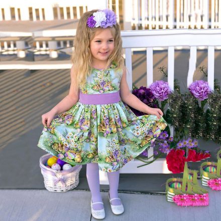 Baby Girl Sleeveless Easter Bunny Cartoon Print Dress with matching headband