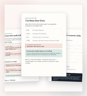 Three real pages from the Momentures Starter Kit: the quick-reference page, a screen-time example, and a preparation page.